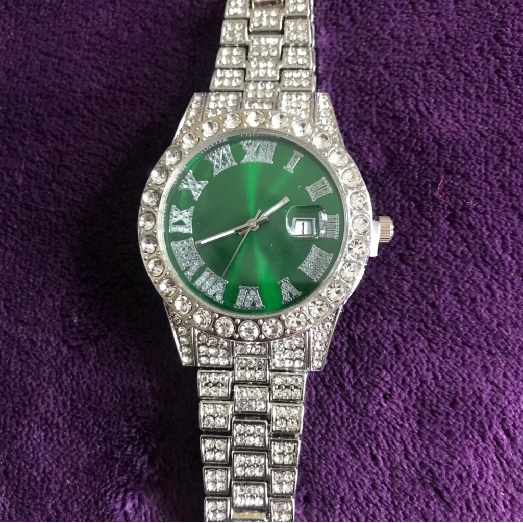 Silver Crystal Bracelet Watch With Green Dial Womens Accessory